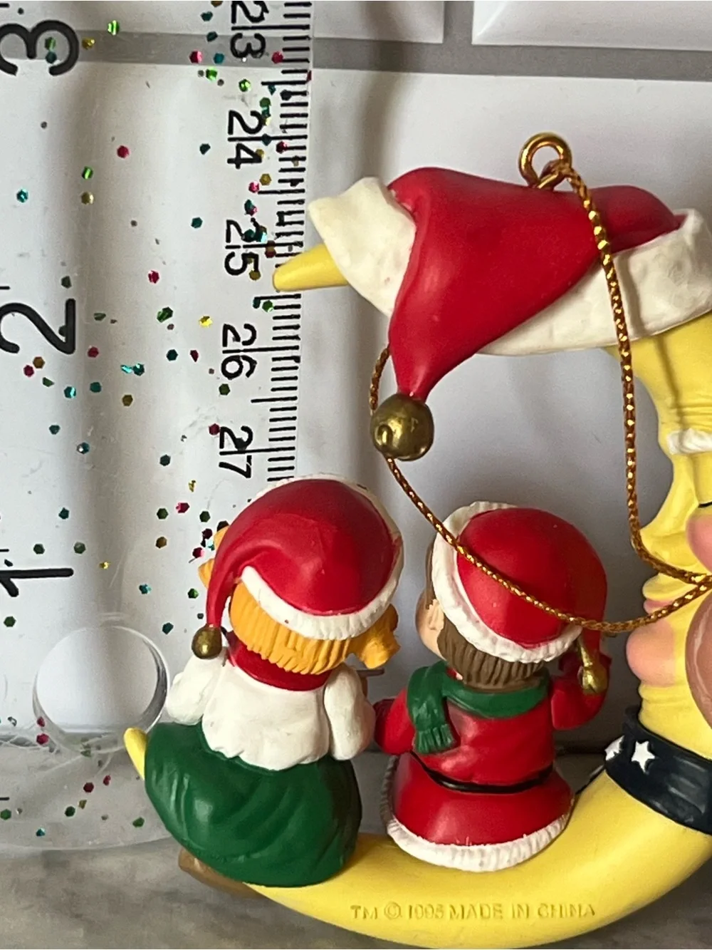 Vintage Campbell's Yellow Moon with Red, Green and White Elves Ornament